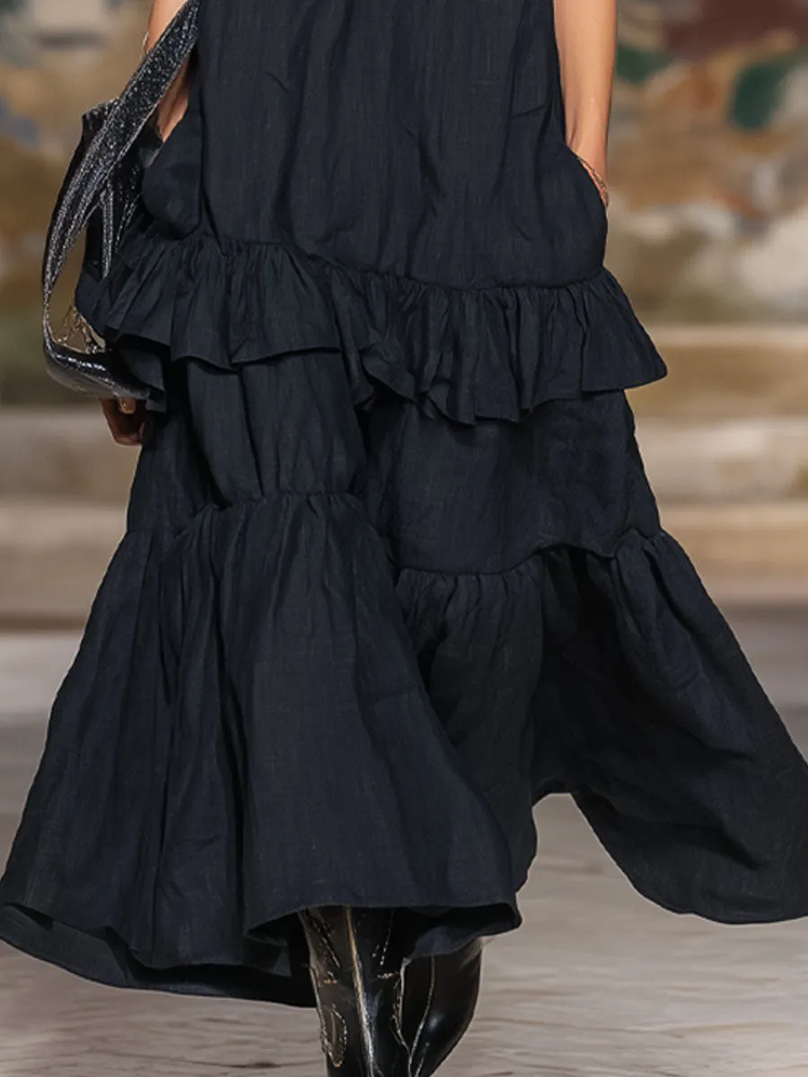 V-neck Ruffled Double-pocket Cotton-linen Sleeveless Maxi Dress sold by Oyrosy product image thumbnail 3