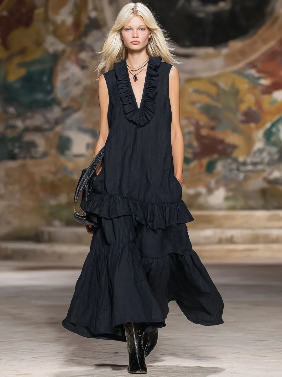 V-neck Ruffled Double-pocket Cotton-linen Sleeveless Maxi Dress sold by Oyrosy product image thumbnail 4