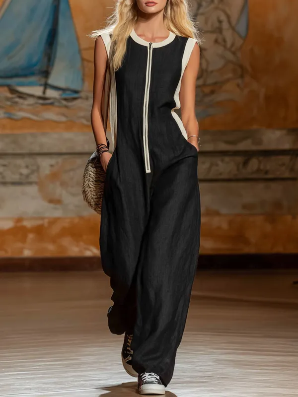 Color-blocked Round Neck Zippered Cotton And Linen Sleeveless Jumpsuit made by Oyrosy