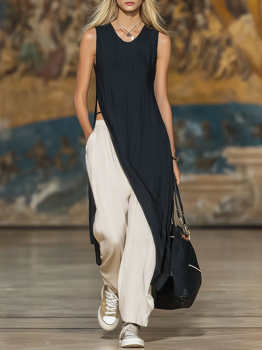 Sleeveless Irregular-hem Top And Trousers Cotton And Linen Set sold by Oyrosy product image thumbnail 4