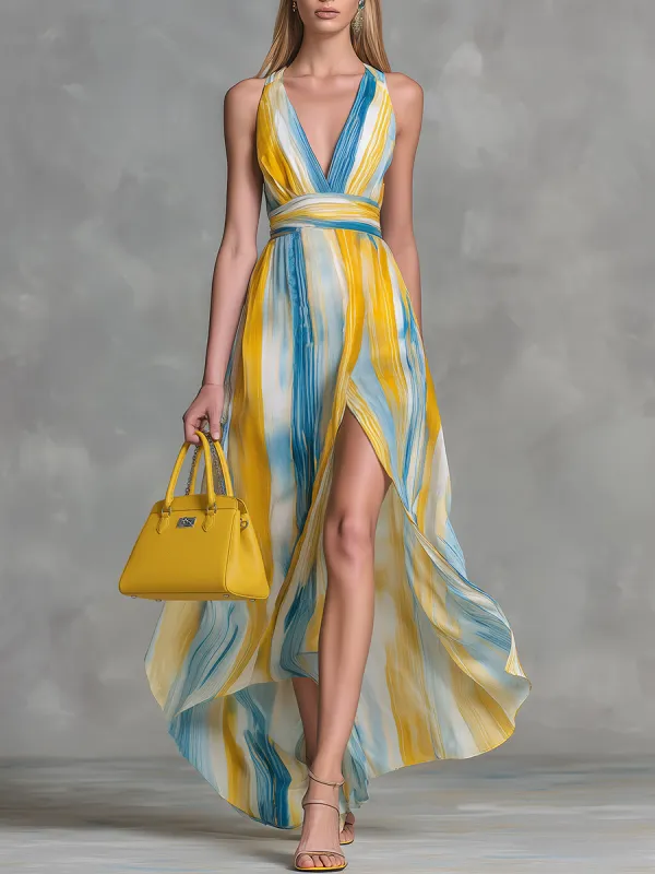 Stylish And Elegant V-neck Sleeveless Slit Printed Chiffon Maxi Dress sold by Oyrosy