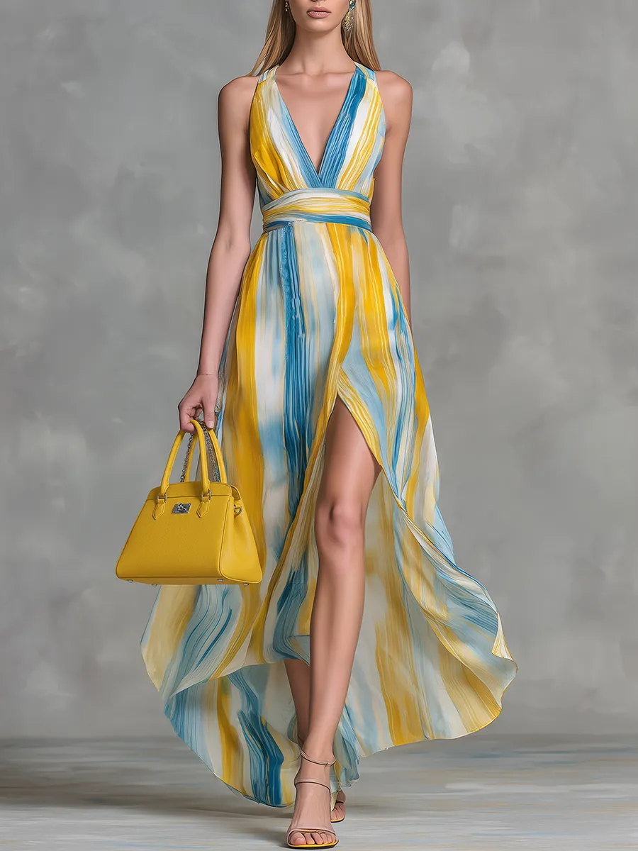 Stylish And Elegant V-neck Sleeveless Slit Printed Chiffon Maxi Dress sold by Oyrosy