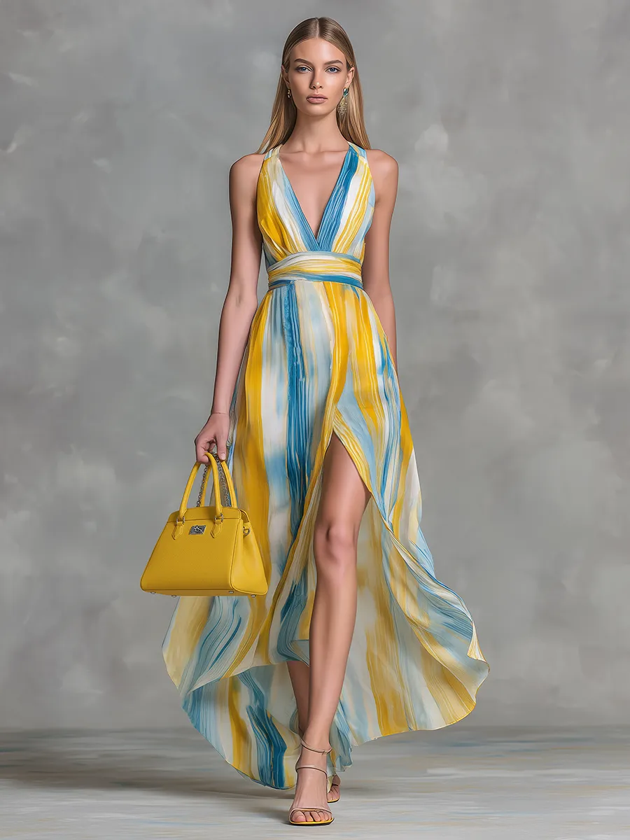 Stylish And Elegant V-neck Sleeveless Slit Printed Chiffon Maxi Dress sold by Oyrosy product image thumbnail 2