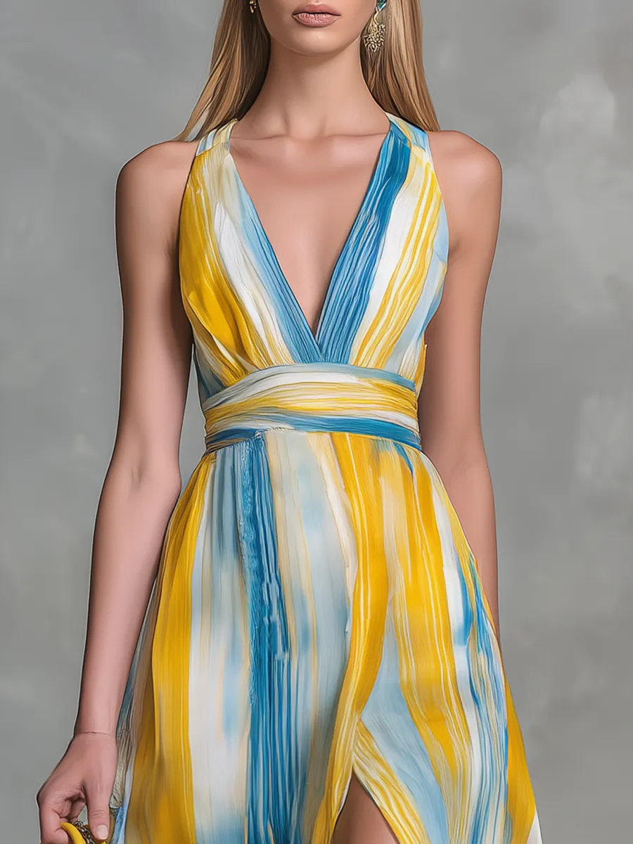 Stylish And Elegant V-neck Sleeveless Slit Printed Chiffon Maxi Dress sold by Oyrosy product image thumbnail 3