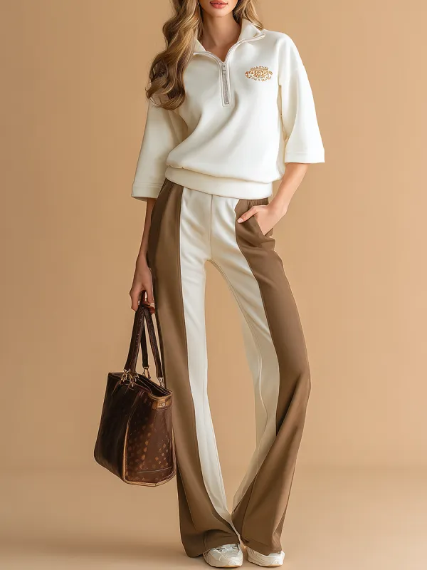 Casual Sports-style Stand-collar Top And Contrasting Wide-leg Pants Set sold by Oyrosy