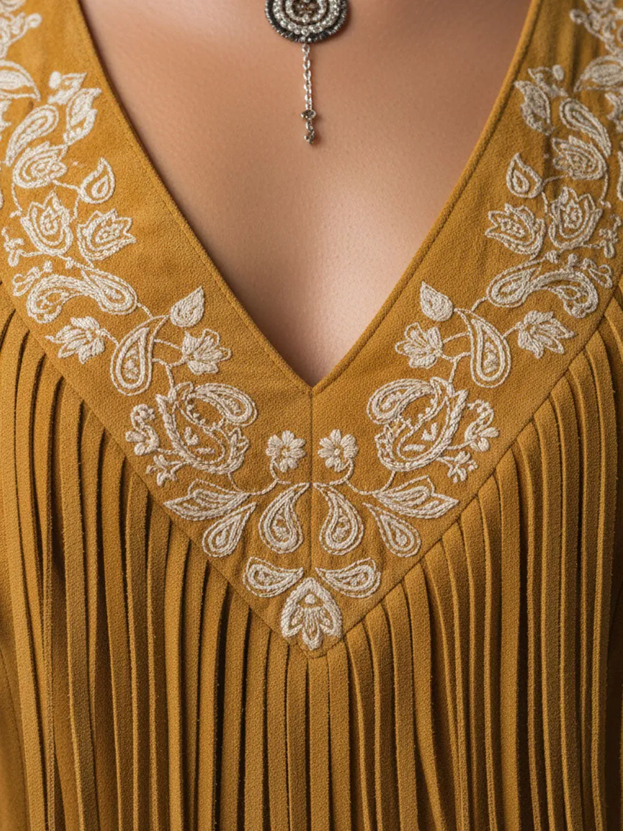 Western-style Retro Embroidered Brown Tassel Sleeveless Faux Suede Midi Dress sold by Oyrosy product image thumbnail 3