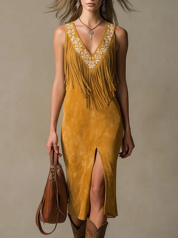 Western-style Retro Embroidered Brown Tassel Sleeveless Faux Suede Midi Dress sold by Oyrosy