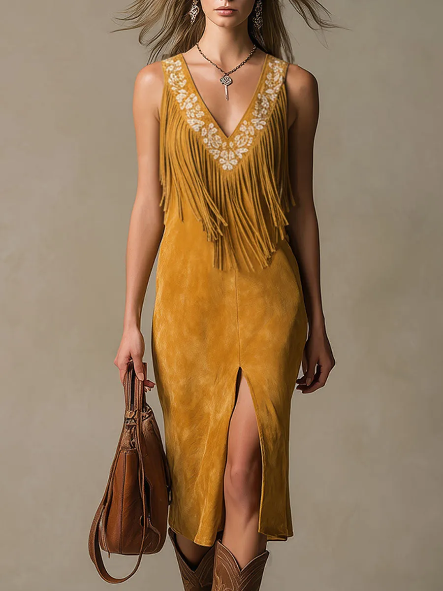 Western-style Retro Embroidered Brown Tassel Sleeveless Faux Suede Midi Dress sold by Oyrosy