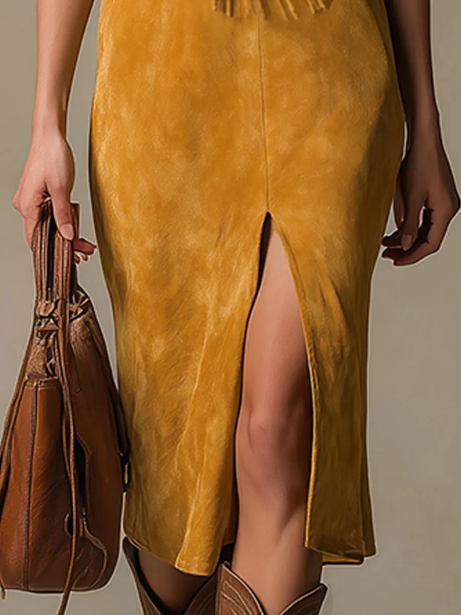 Western-style Retro Embroidered Brown Tassel Sleeveless Faux Suede Midi Dress sold by Oyrosy product image thumbnail 4