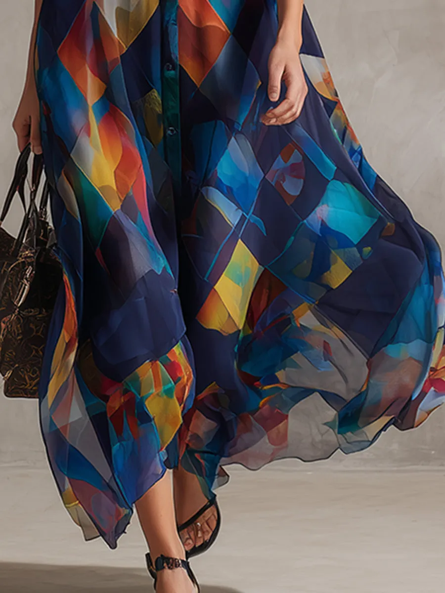 Elegant Urban Silhouette Navy Blue Checkered Print Chiffon Maxi Dress sold by Oyrosy product image thumbnail 4