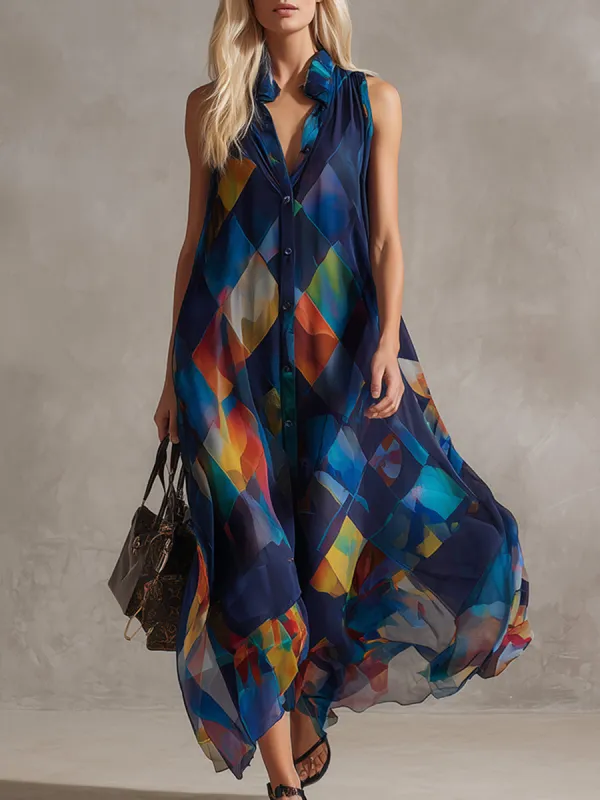 Elegant Urban Silhouette Navy Blue Checkered Print Chiffon Maxi Dress sold by Oyrosy