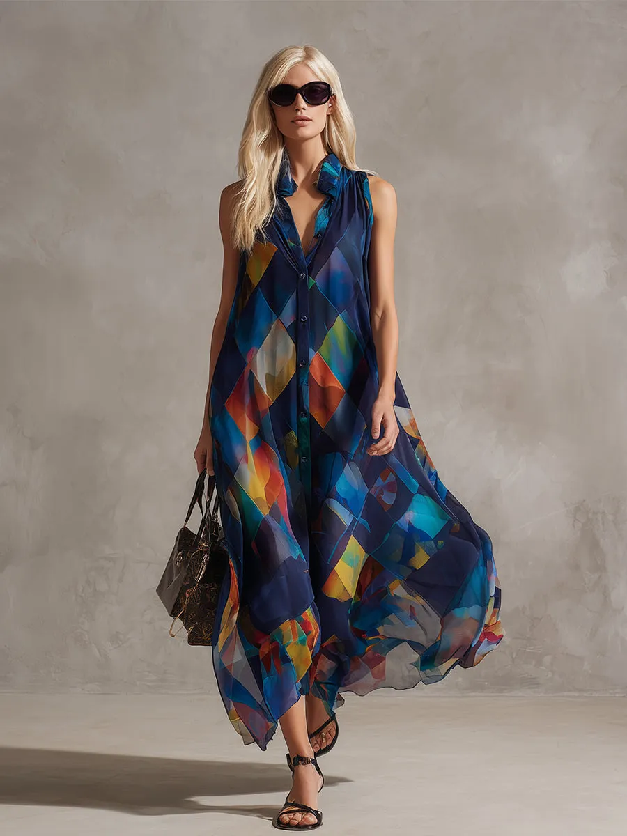 Elegant Urban Silhouette Navy Blue Checkered Print Chiffon Maxi Dress sold by Oyrosy product image thumbnail 2