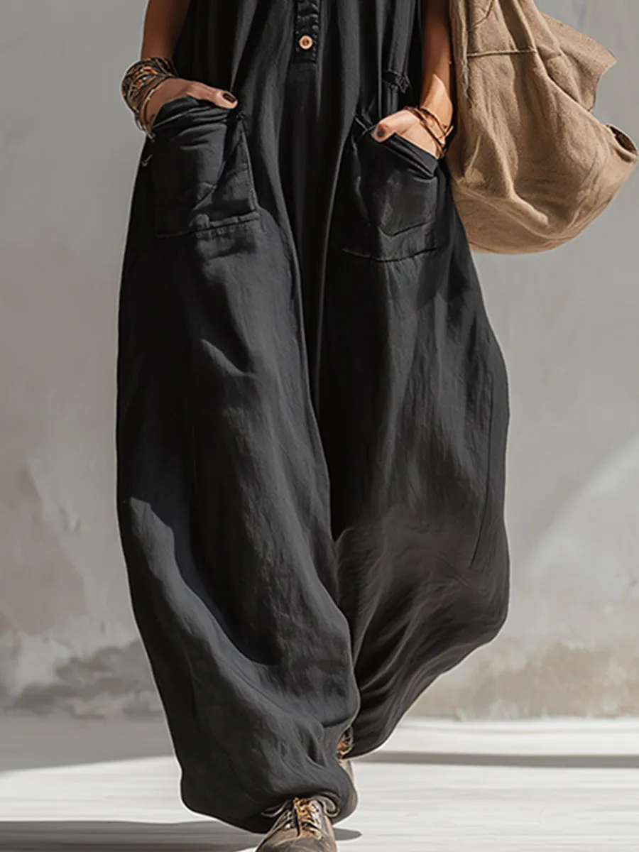Elegant Urban-style Black Cotton And Linen Sleeveless Jumpsuit sold by Oyrosy product image thumbnail 4