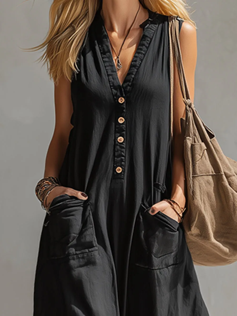 Elegant Urban-style Black Cotton And Linen Sleeveless Jumpsuit sold by Oyrosy product image thumbnail 3