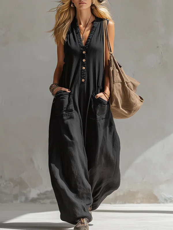 Elegant Urban-style Black Cotton And Linen Sleeveless Jumpsuit sold by Oyrosy