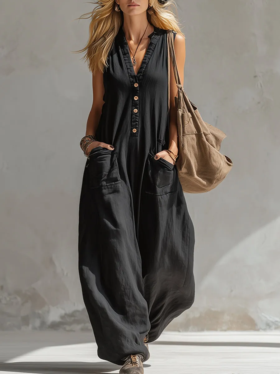 Elegant Urban-style Black Cotton And Linen Sleeveless Jumpsuit sold by Oyrosy