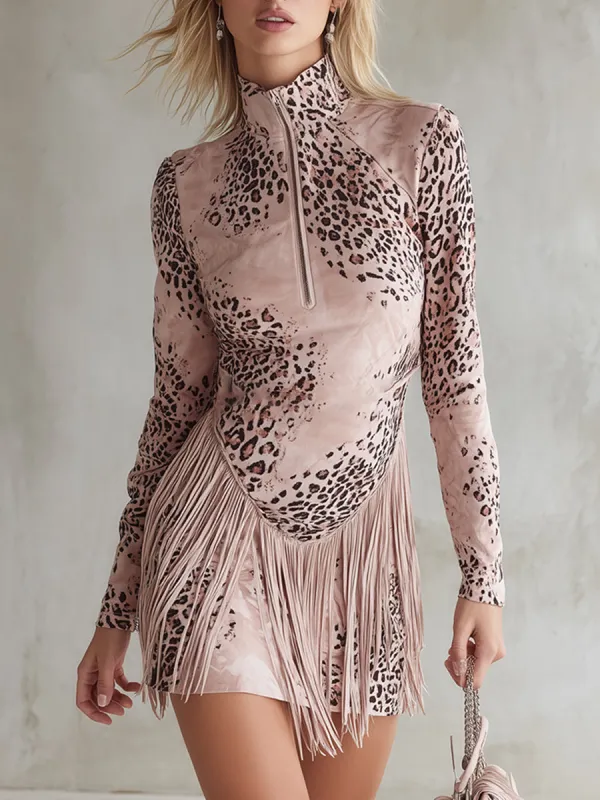 Stylish And Sexy Leopard Print Light Pink Faux Suede Fringed Mini Dress sold by Oyrosy
