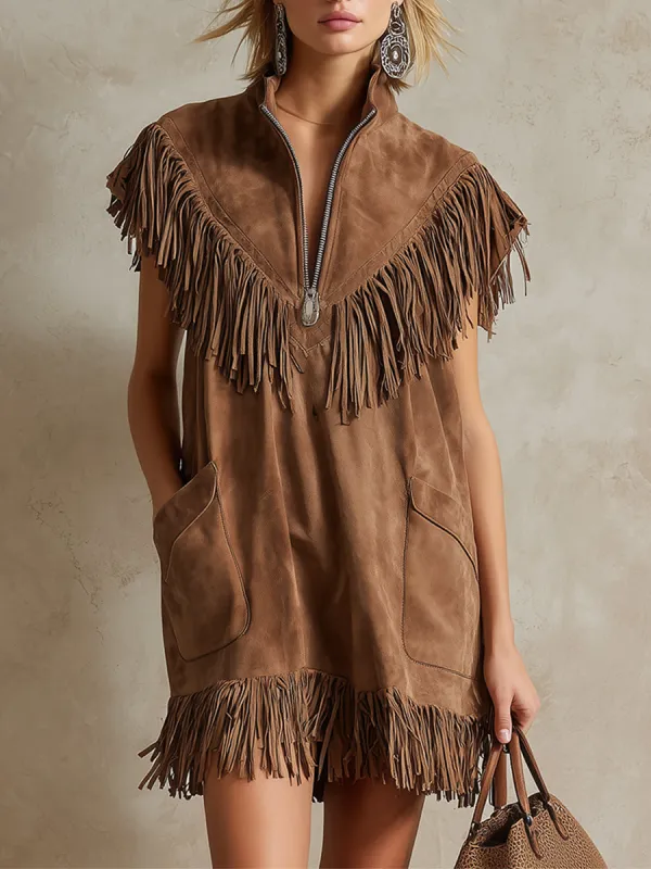 Stylish Western-style Light Brown Faux Suede Fringed Sleeveless Mini Dress sold by Oyrosy