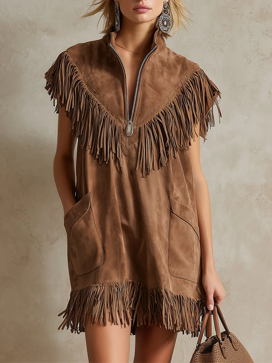Stylish Western-style Light Brown Faux Suede Fringed Sleeveless Mini Dress sold by Oyrosy