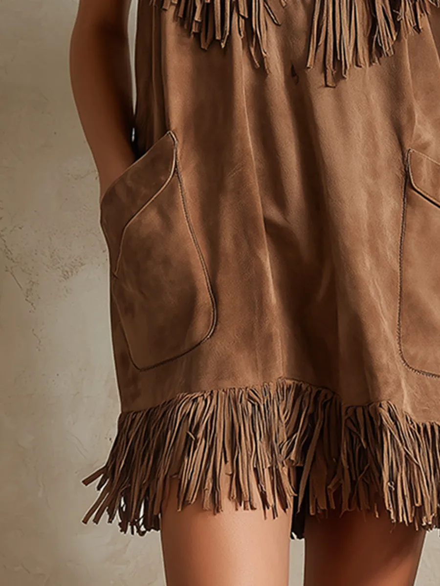 Stylish Western-style Light Brown Faux Suede Fringed Sleeveless Mini Dress sold by Oyrosy product image thumbnail 4