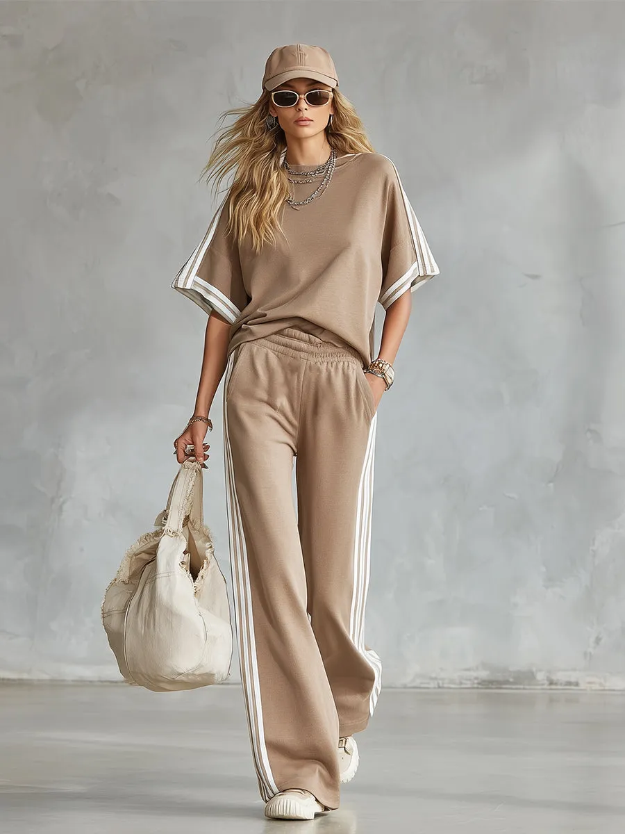 Casual Everyday Sports Striped-trim Khaki T-shirt And Pants Set sold by Oyrosy product image thumbnail 2