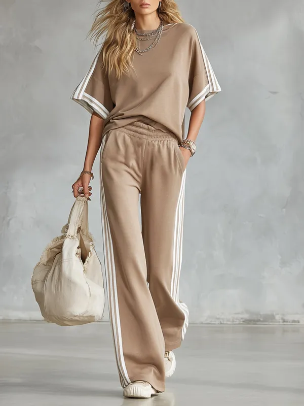 Casual Everyday Sports Striped-trim Khaki T-shirt And Pants Set made by Oyrosy