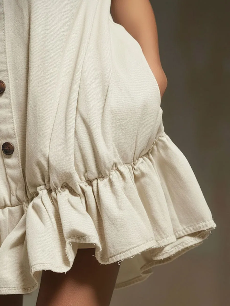 Casual Retro Off-white Tencel Denim Sleeveless Ruffle Mini Dress sold by Oyrosy product image thumbnail 5