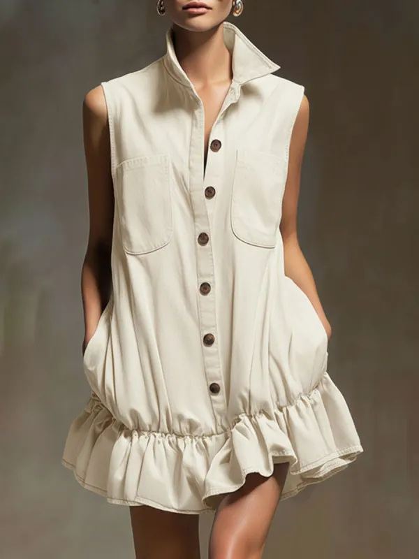 Casual Retro Off-white Tencel Denim Sleeveless Ruffle Mini Dress sold by Oyrosy