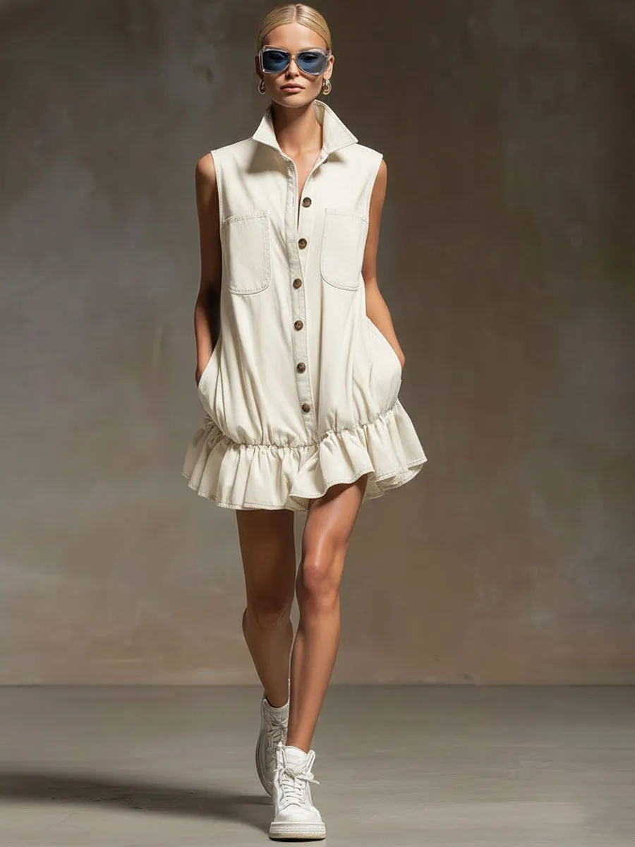 Casual Retro Off-white Tencel Denim Sleeveless Ruffle Mini Dress sold by Oyrosy product image thumbnail 2