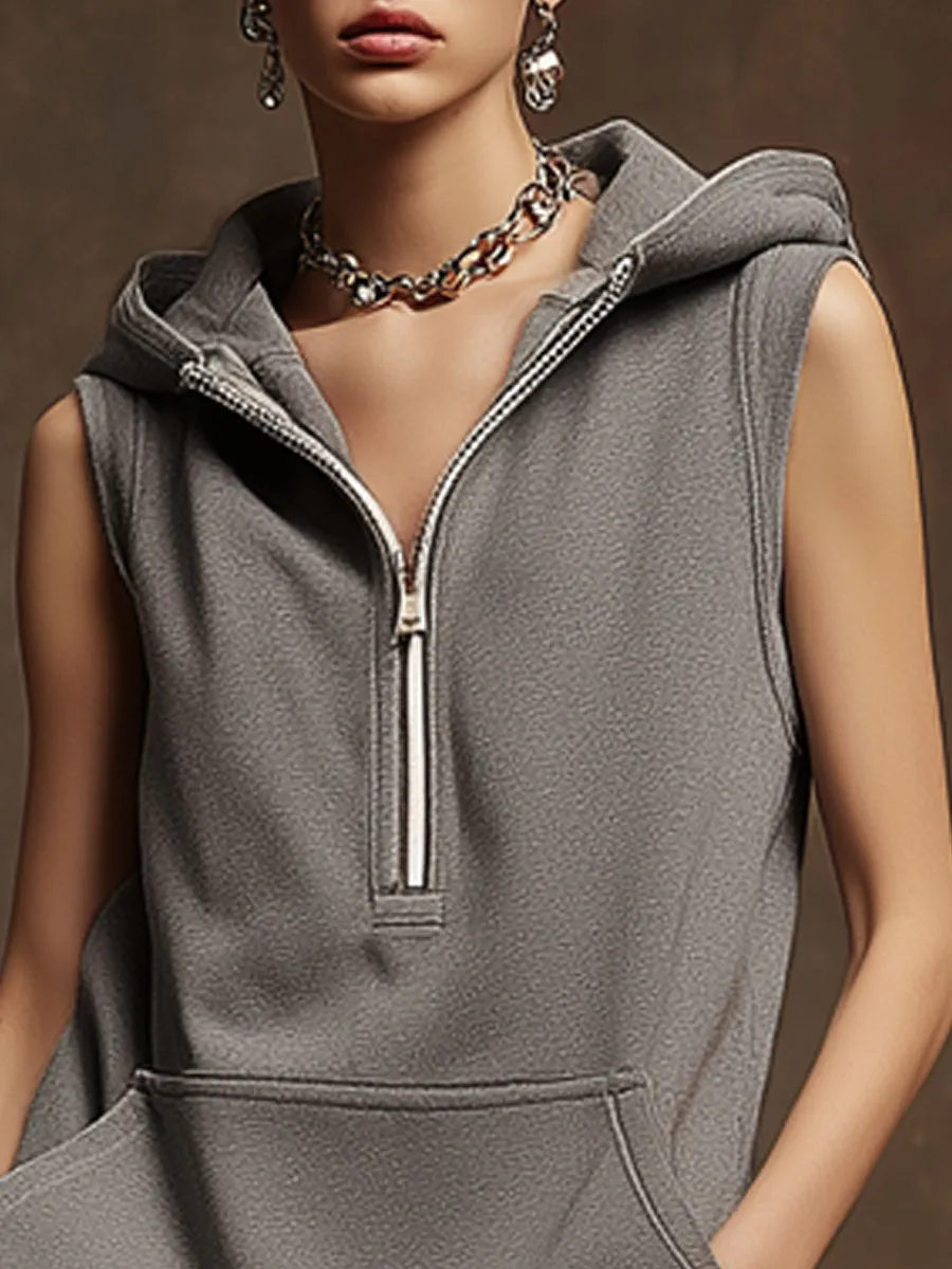 Casual Sporty Retro Dark Gray Cotton Blend Zipper Hooded Sleeveless Mini Dress sold by Oyrosy product image thumbnail 3