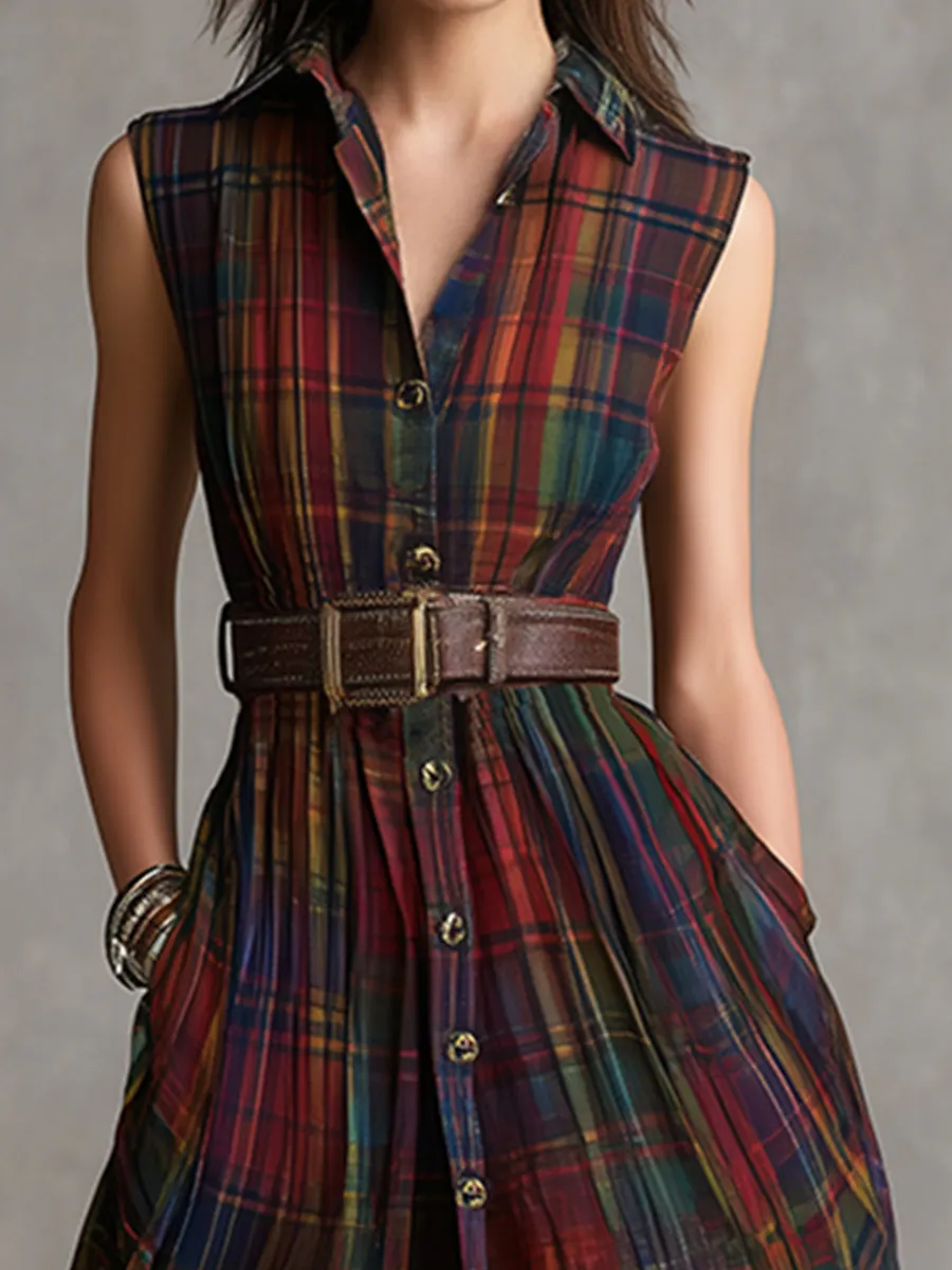 Vintage Ethnic Style Plaid Printed Chiffon Sleeveless Maxi Dress sold by Oyrosy product image thumbnail 3