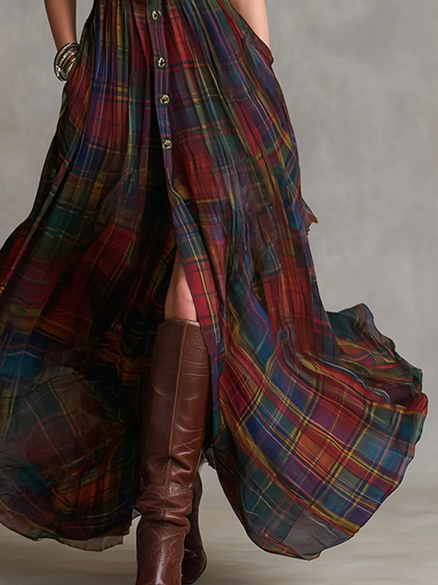 Vintage Ethnic Style Plaid Printed Chiffon Sleeveless Maxi Dress sold by Oyrosy product image thumbnail 4