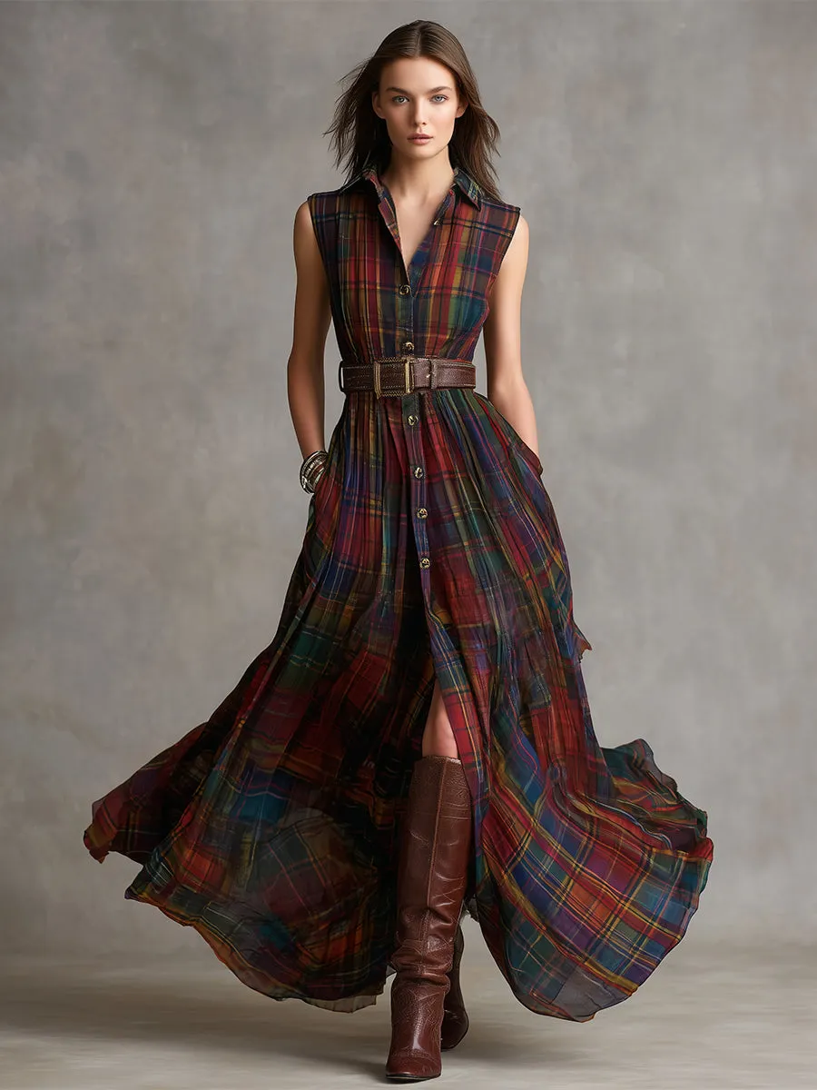 Vintage Ethnic Style Plaid Printed Chiffon Sleeveless Maxi Dress sold by Oyrosy product image thumbnail 2