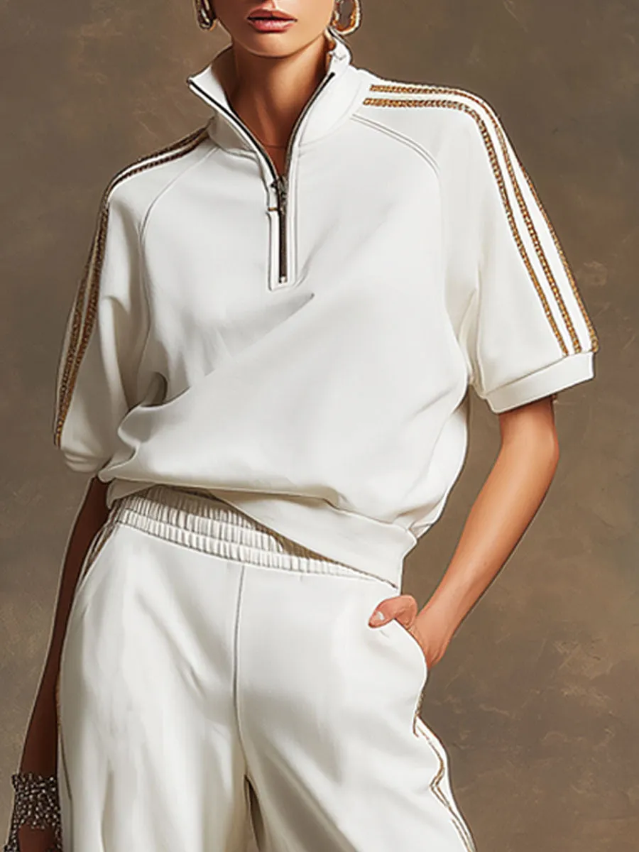 Casual Sporty Retro Gold Ribbon White Short-Sleeve Sweatshirt And Wide-Leg Pants Set sold by Oyrosy product image thumbnail 3