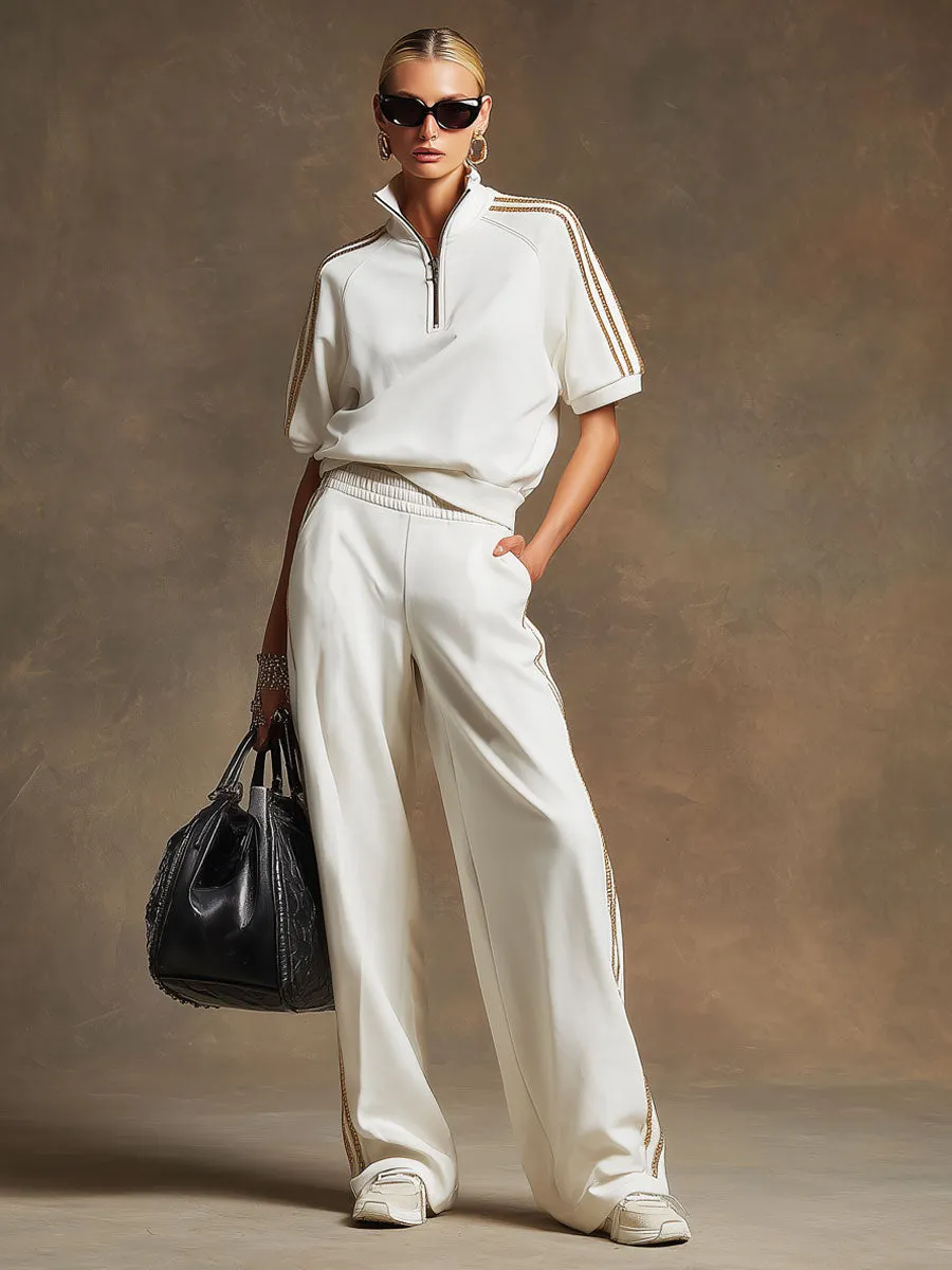 Casual Sporty Retro Gold Ribbon White Short-Sleeve Sweatshirt And Wide-Leg Pants Set sold by Oyrosy product image thumbnail 2