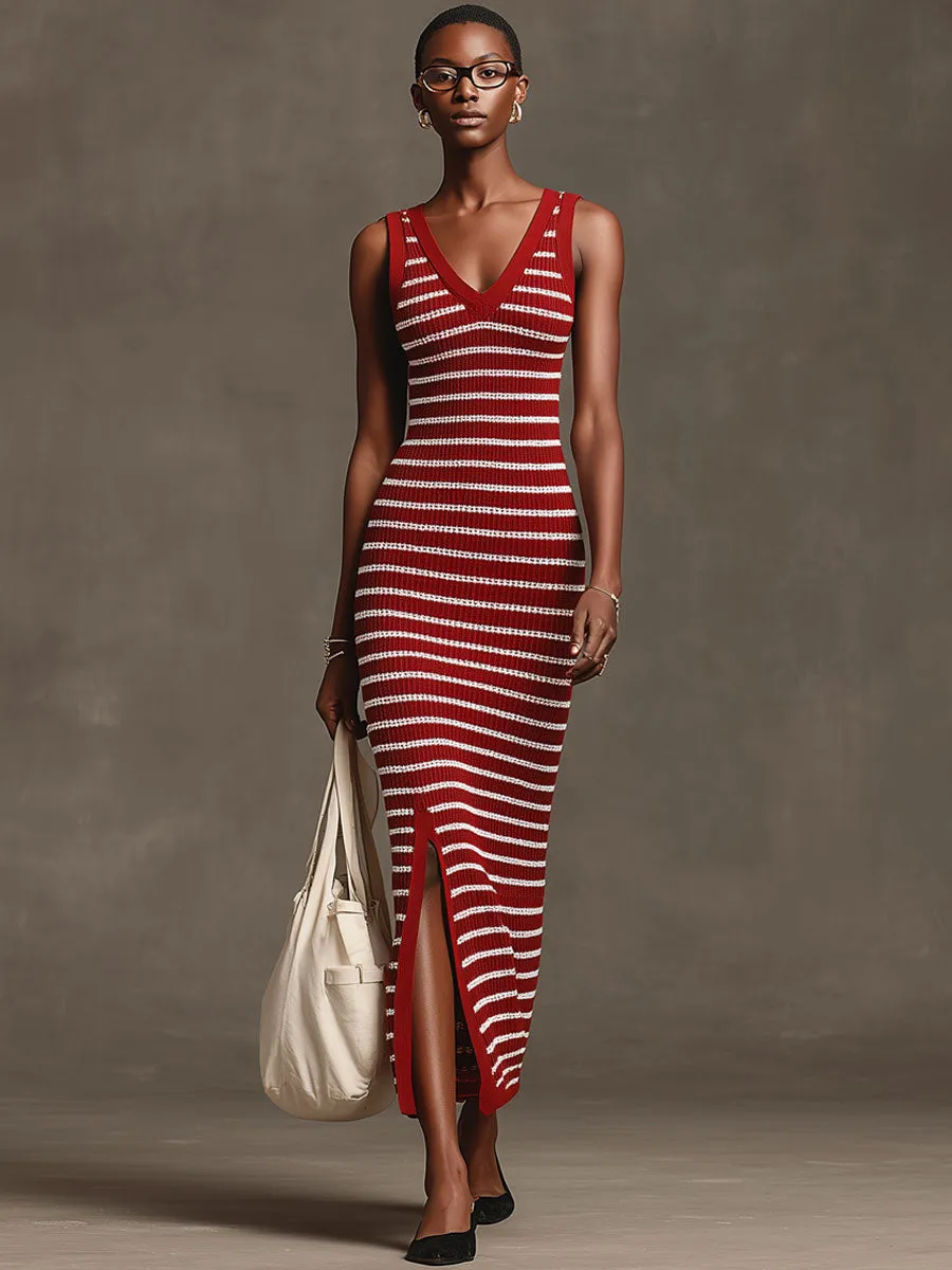 Fashionable Retro Red And White Striped Knit Sleeveless Maxi Dress sold by Oyrosy product image thumbnail 2