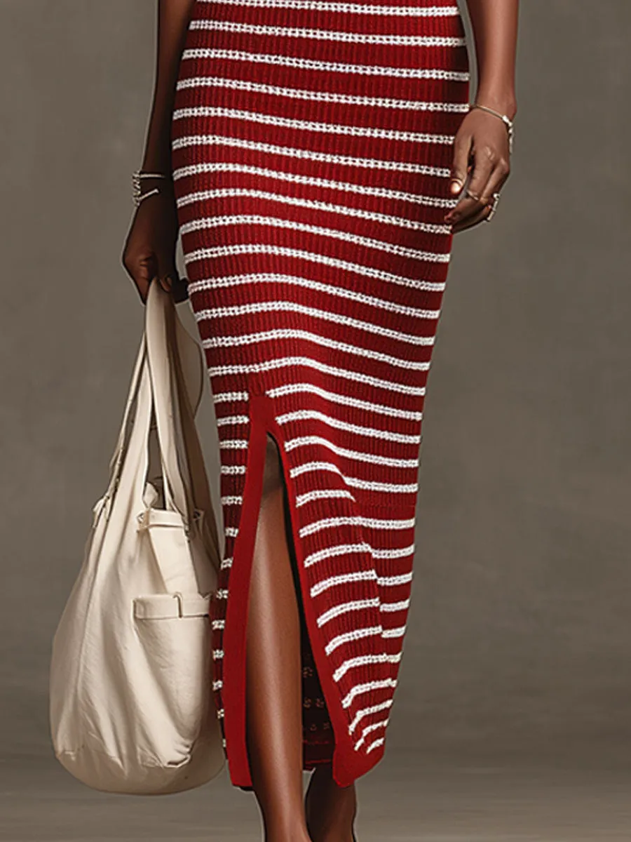 Fashionable Retro Red And White Striped Knit Sleeveless Maxi Dress sold by Oyrosy product image thumbnail 4