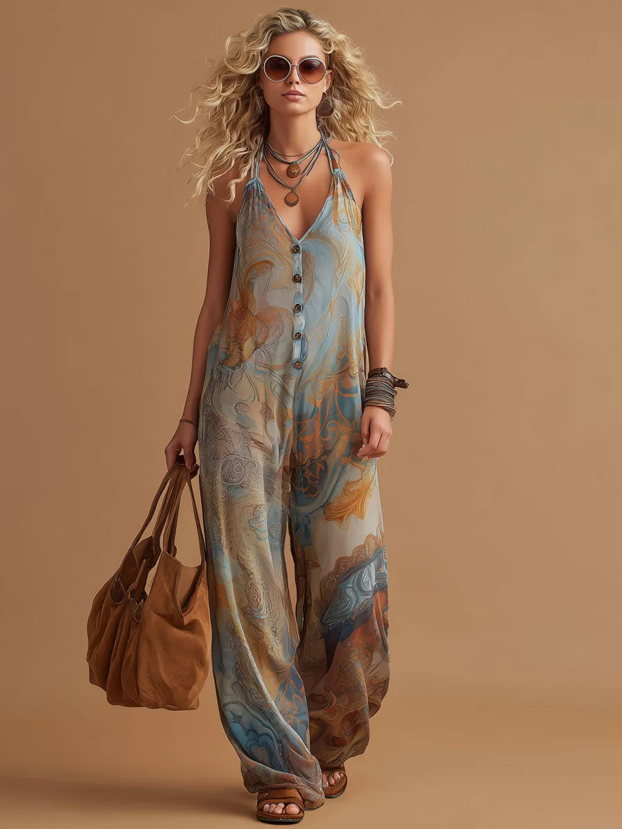 Vacation Retro Bohemian Print Chiffon Sleeveless Wide-Leg Jumpsuit sold by Oyrosy product image thumbnail 2