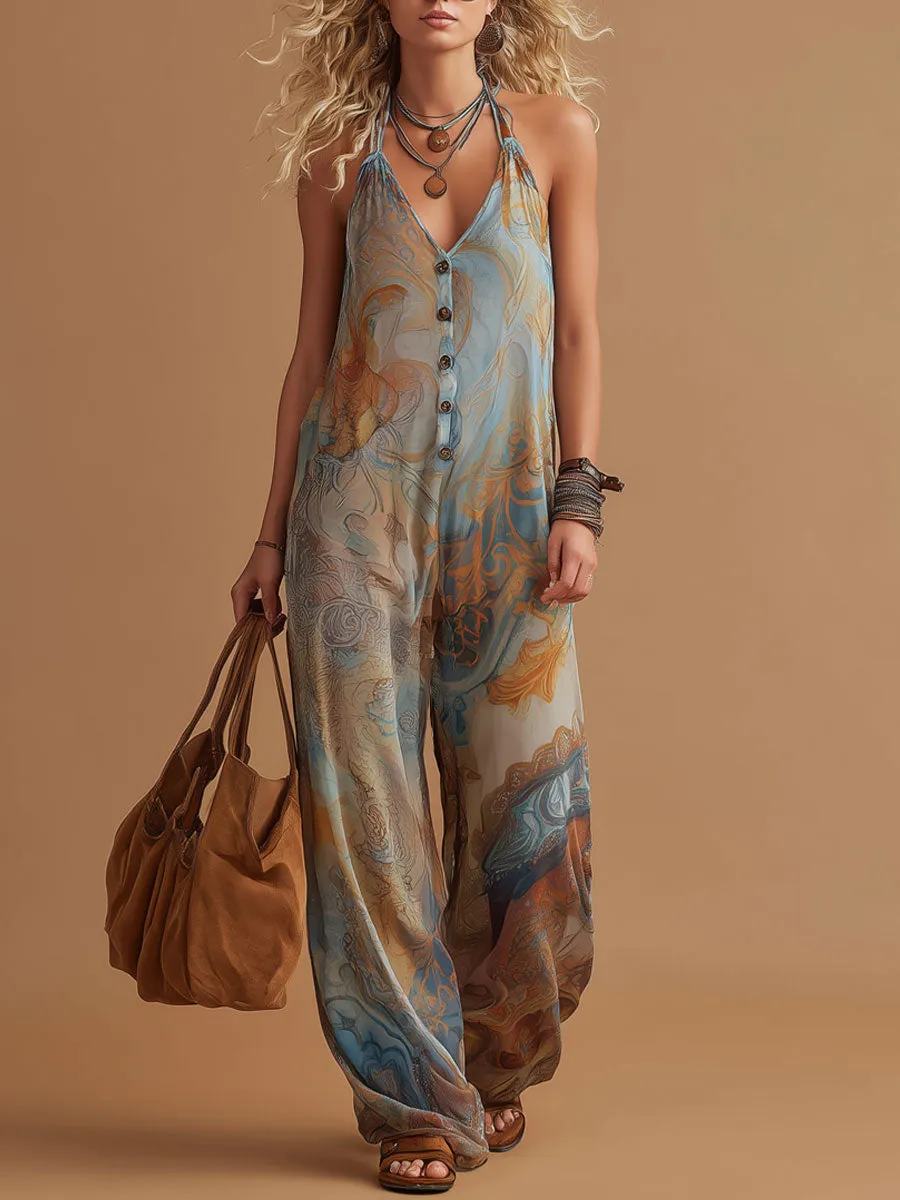 Vacation Retro Bohemian Print Chiffon Sleeveless Wide-Leg Jumpsuit sold by Oyrosy