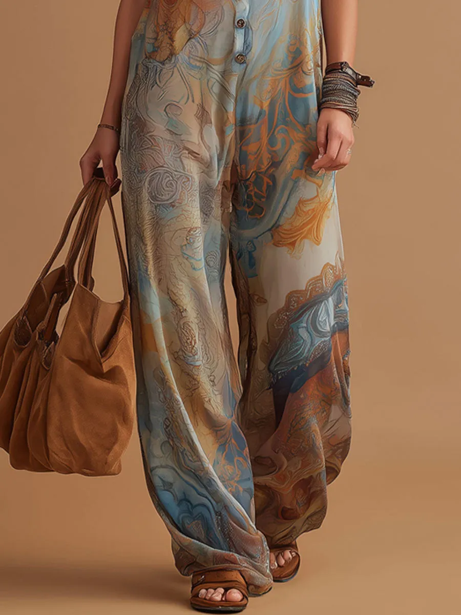 Vacation Retro Bohemian Print Chiffon Sleeveless Wide-Leg Jumpsuit sold by Oyrosy product image thumbnail 4