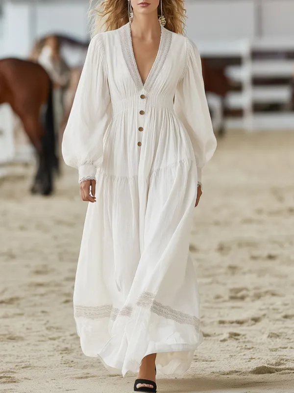 Vintage-style White Cotton-linen Long-sleeved Maxi Dress sold by Oyrosy