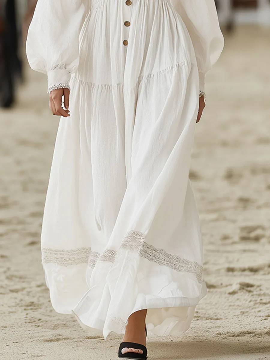 Vintage-style White Cotton-linen Long-sleeved Maxi Dress sold by Oyrosy product image thumbnail 4