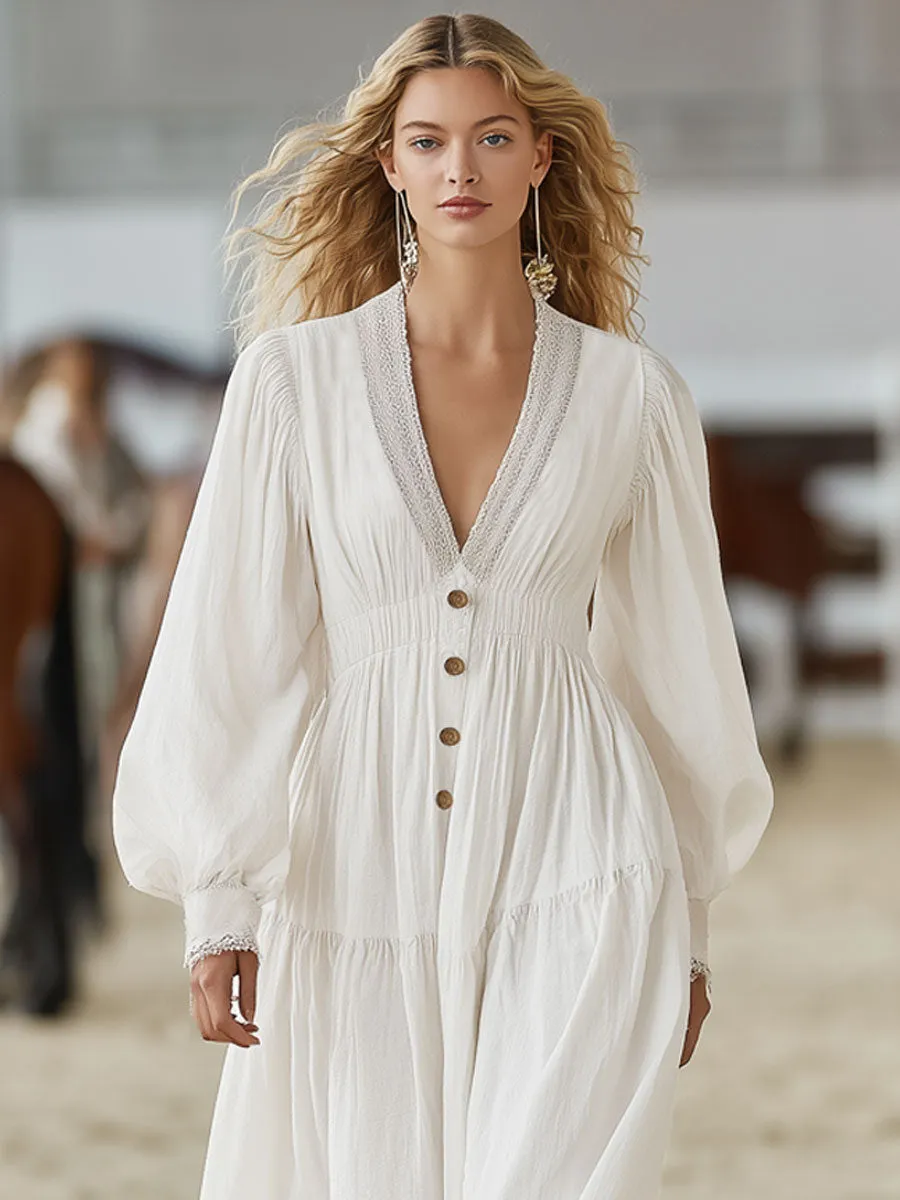 Vintage-style White Cotton-linen Long-sleeved Maxi Dress sold by Oyrosy product image thumbnail 3