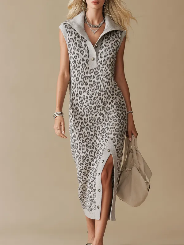 Retro Leopard Print Sporty Lapel Sleeveless Knitted Midi Dress sold by Oyrosy