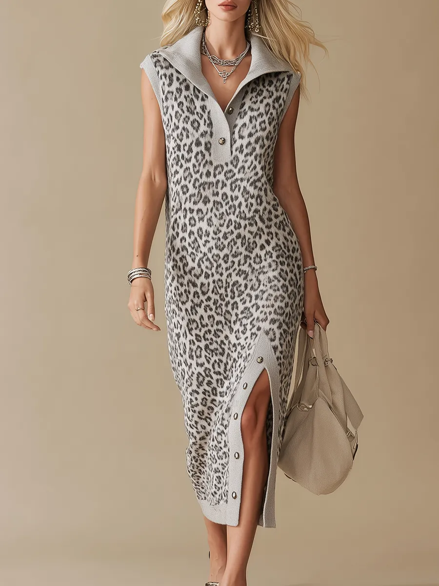 Retro Leopard Print Sporty Lapel Sleeveless Knitted Midi Dress sold by Oyrosy