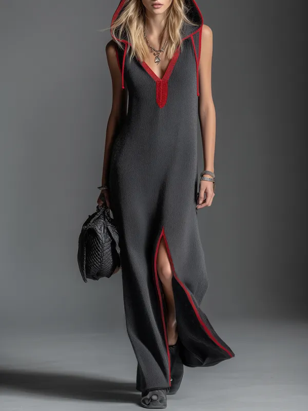 Retro Sporty Sleeveless Side-slit Hooded Knitted Midi Dress sold by Oyrosy