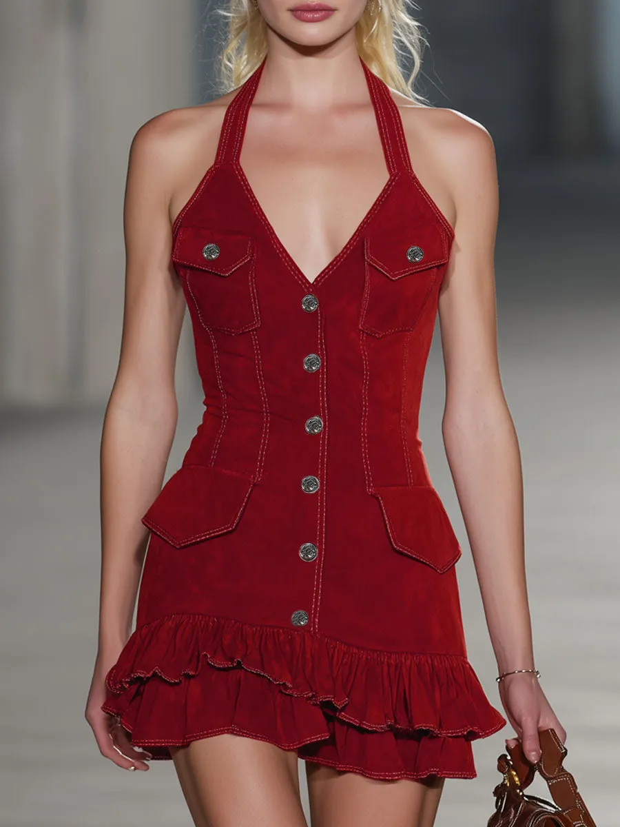 Western Style Halter Neck V-neck Button-down Ruffled Faux Suede Sleeveless Mini Dress sold by Oyrosy