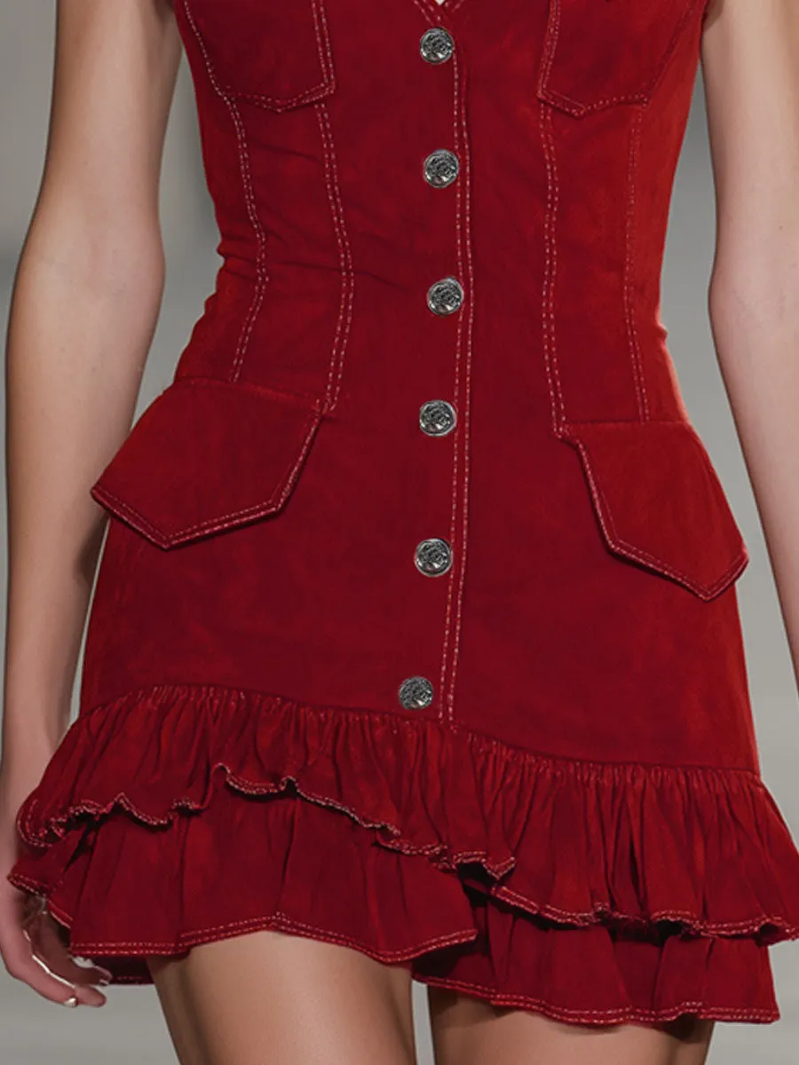 Western Style Halter Neck V-neck Button-down Ruffled Faux Suede Sleeveless Mini Dress sold by Oyrosy product image thumbnail 3