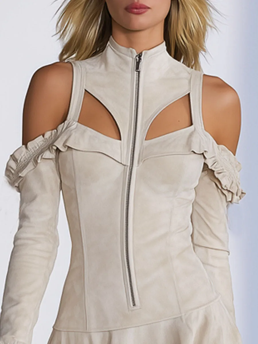 Western Stand-collar Zippered Ruffled Cold Shoulder Faux Suede Long-sleeved Mini Dress sold by Oyrosy product image thumbnail 2