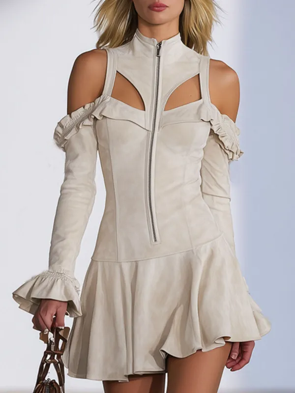 Western Stand-collar Zippered Ruffled Cold Shoulder Faux Suede Long-sleeved Mini Dress made by Oyrosy